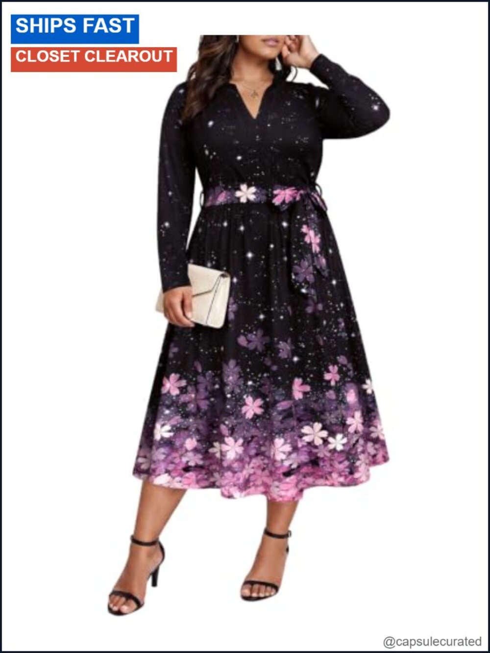 Plus Size Floral Midi Dress Long Sleeve Wrap V-Neck Tie Waist